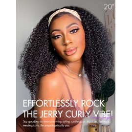 LUVME HAIR Jerry Curl Human Hair Headband Wig Throw On & Go No Lace Glueless Human Hair Wigs with Headband Attached Beginners Friendly Deep Curly Head Band Wigs 20 Inch