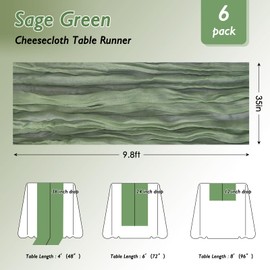 Fixwal 6 Pack Sage Green Cheesecloth Table Runners, Pleated Boho Gauze Table Runner, Long Semi-Transparent Table Decorations for Parties, Showers, Birthdays and Weddings(35x120 Inch)