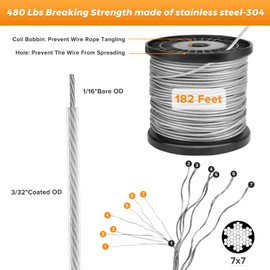 String Light Hanging Kit, Guide Wire for Outdoor String Lights, Vinyl Coated Rope Cable Outdoor Light, Include 182fts 304 Stainless Steel Wire Cable, Turnbuckle and Hooks