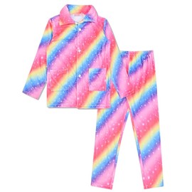 CHILDRENSTAR Kids Fleece Pajamas for Girls Rainbow Pj Set Winter Sleepwear Pants,Size 10 11