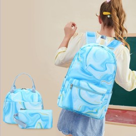 LOIDOU Backpack for Teen Girls Bookbags School Backpack with Lunch Box and Pencil Case 3 in 1 School Bags Set (Marble Blue)