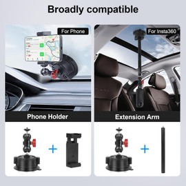 Mechrig Suction Cup Mount for Insta360 One X4 X3 X2 Go3, Car Windshield Window Sunroof Mount with Phone Holder Adapter for GoPro Hero 12 11 10 9 8 7 6 5 Max Mini, DJI Action 4 3 2 Action Cameras
