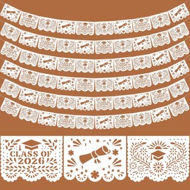 Hahafelt 6 Pack Plastic Mexican Graduation Banner 2026 Grad Papel Picado Party Decoration 118 Feet Black White Grad Cap Congrats Decoration Banner for Middle High Senior Party Supplies