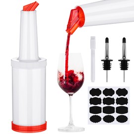 Ruisita Fruit Juice and Liquor Pour Bottles 34 oz Bar Juice Containers Plastic Pour Bottles with Stainless Steel Bottle Pourer Tapered Spout in Red for Liquor Juice Store