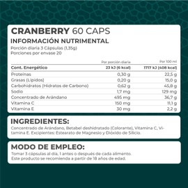 PRONAT | Cranberry Concentrado de Arándano, Suplemento Alimenticio, con Vitamina C y E, 60 Cápsulas de 450 mg