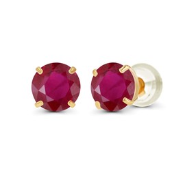 Genuine 10K Solid Yellow Gold 4mm Round Natural Ruby July Birthstone Stud Earrings