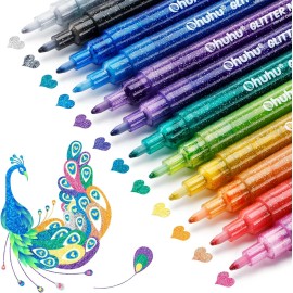 Ohuhu 12 Glitter Colors Markers Pen Fine Tip Water-based Ink for Kids Adults DIY