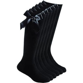 YAHOMI Girls knee high socks Cotton rich school Socks with Fluffy Ribbons Bow School Uniform Cotton Party Wear Comfort Fit Socks Girls Socks (UK, Age, 11 Years, 14 Years, Regular, Black Pack of 6)