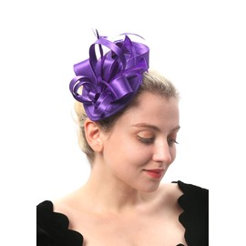 FELIZHOUSE Fascinator Hats for Women Ladies Feather Cocktail Party Hats Bridal Headpieces Ascot Fascinator Headband (#1 Satin Purple)