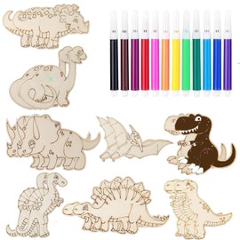 YIEUR Pack of 16 Dinosaur Wooden Craft Set Painting, Children's Birthday Wooden Dinosaur Discs Crafts Children, Dinosaur Wooden Discs for Painting for Children Crafts & Weddings Decoration (Dino)