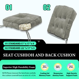 Rocking Chair Cushion Indoor, High-Density Sponge，Memory Foam Non Slip , FadeShield Thicken Durable Tufted Pads,Set of Seat & Back Cushion with Ties for Outdoor Rocker, 2 Piece, Gray,22x17x3/17x17x4