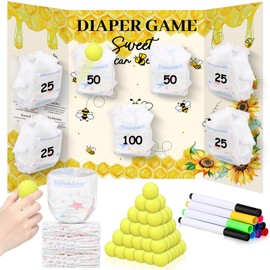 Threan 61 Pcs Baby Shower Diaper Game 1 Diaper Baby Shower Game Board 10 Diapers 30 Plastic Balls 10 Clear Cups 10 Pens for Boy Girl Games Decorations Supplies(Sweet As Can Bee)