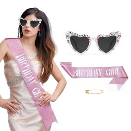 Etercycle Birthday Gifts Set, Glitter Birthday Girl Sash & Heart Sunglasses, Fashion Heart Shaped Sunglasses Pink Sash Gift for Women Happy Birth Day Decorations