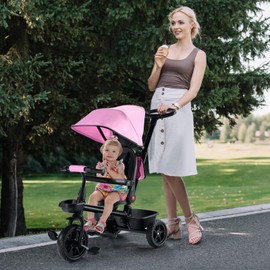 TODUFULL Folding Kids' Tricycle, 8 IN1 Baby Trike W/Removable Canpoy&Parental Push Rod, Toddler Bike Stroller for Kids 1-5 Years, 360° Swivel Seat, EVA Wheels, Storage Basket, Pink