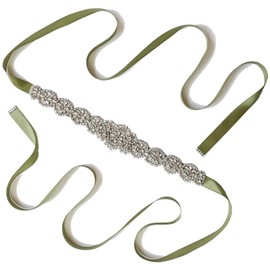Womens Wedding Bridal Belts Shiny Rhinestone with Pearls Handmade Sash Belts for Bride and Bridesmaid, Olive, One Size