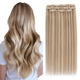 Elailite Clip in Hair Extensions Real Human Hair 3PCS Lace Weft Remy Hairpieces for Women 18 Inch 80g Golden brown & Bleach Blonde