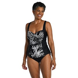 Maxine Of Hollywood Women's Standard Over The Shoulder Shirred Tankini Swimsuit Top, Black//Shadow Palms, 12