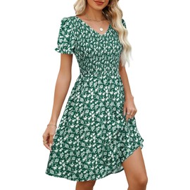 EeYu 2025 Women's Summer Dresses V-Neck Short Sleeve Flowy A-line Casual Boho Smocked Mini Sun Dress(XL-2011-Green Floral)