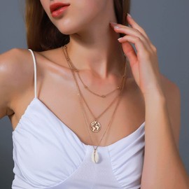 Yienate Boho Layered Shell Necklace Funky Gold Map Pendant Necklace Bead Chain Choker Necklace Statement Layered Shell Pendant Necklace Charm Jewelry for Women and Girls