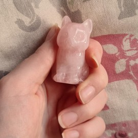Pink Rose Quartz Cat in Gift Tin - Small Hand Carved Gemstone Animal Figurine - Cute Collectible Ornament with Display Stand