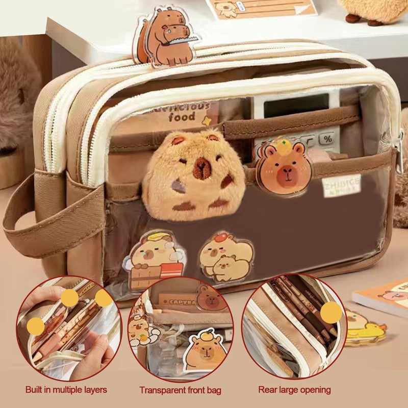 Landrain Capybara Pencil Case, 5 Layers Pencil Case, coffee, capybara