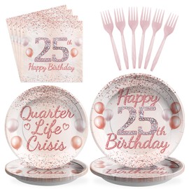 96 Pcs 25th Birthday Party Supplies Quarter Life Crisis Rose Gold 25 Year Old Birthday Plates and Napkins Tableware Set 25th Birthday Decorations for Women Girls Happy 25th Birthday Party Serves 24