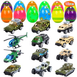 CUTE STONE 12 Pack Filled Easter Eggs with Alloy Army Truck Toy, Prefilled Easter Basket Stuffers Party Favors for Kids, Boys and Girls