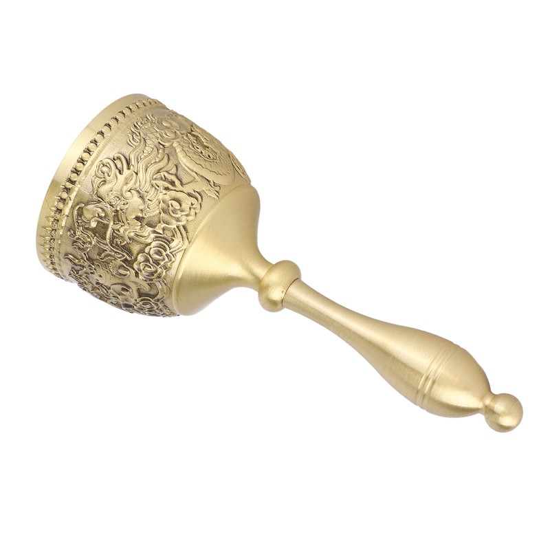 Hand Call Bell 4.7in Long Pure Brass Exquisite Carved Pattern
