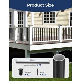 Arczorix 51-Pack 36" Round Aluminum Deck Balusters, Black Staircase Spindles with Connectors for Outdoor Porch and Stair Railings