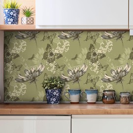 Livelynine Vintage Peel and Stick Wallpaper Green with Gold Botanical Mural Retro Floral Wall Paper for Bedroom Flowers and Butterflies 17.5x78.8" Vintage Contact Paper Kitchen Cabinet Vinyl Wrap
