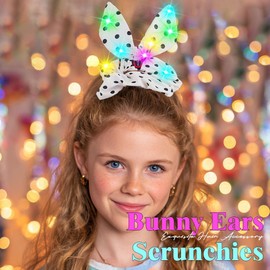 2PCS Light Up Bunny Ears Scrunchies Dot Rabbit Ear Hair Tie Ponytail Holders for Women and Girls (White, one size)