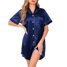 Vlazom Women's Satin Nightshirt Button Down Silk Nightdress Short Sleeve Nighties Boyfriend Sleepshirt Notch Collar Sleepwear Dark Blue,XL