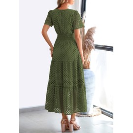 PRETTYGARDEN Womens 2025 Summer Maxi Dress Short Sleeve V Neck Hollow Out Eyelet A Line Long Flowy Beach Vacation Dresses (Army Green,XX-Large)