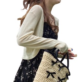 A7 SEVEN Women's Summer Knit Cardigan, Short Length, Open Front, Long Sleeve, Loose, Plain, Layered, Top, Summer, Autumn, Breathable, Thin, Soft, Sunscreen, Simple, Casual, Everyday Wear, apricot, L