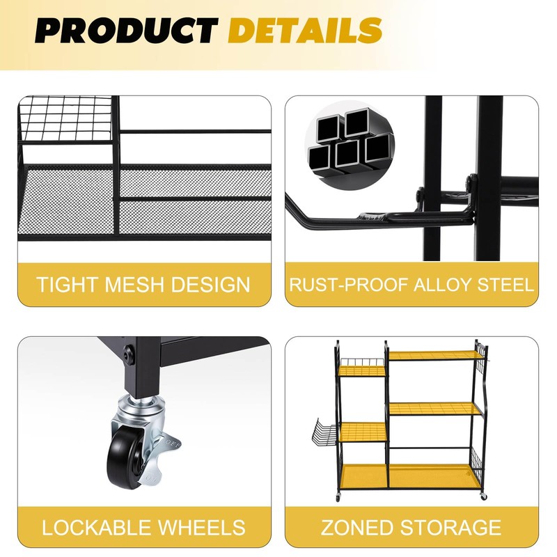 Garden Tool Organizer Rolling Cart Large Capacity Rust-Resistant Metal Tool