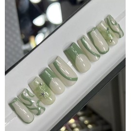 Handmade ✨ CUSTOM Hard Gel Press On Nails, OLIVE GREEN Nude Star  W BLING  10p SET W Kit