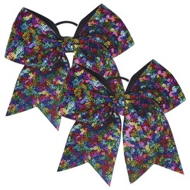 TUUXI 2pcs Large Glitter Cheer Bows 7 Inch Black Sequin Cheerleading Bows with Elastic Hair Ties Bands Ponytail Holder for Cheerleaders Softball Football Competition College Sport