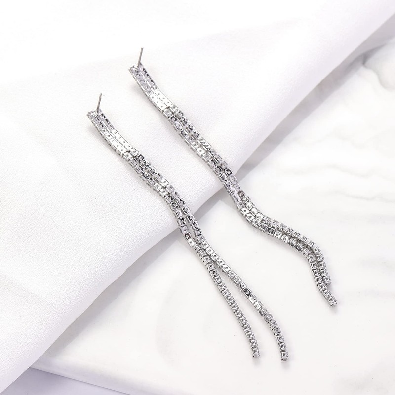 YOQUCOL Boho Tassel Chandelier Earrings Cubic Zirconia Crystal Two Long