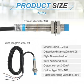 uxcell 5pcs Induction Proximity Sensor NPN NO M8 DC 6-36V 300mA Proximity Switch Detector Approach Sensor 2mm 3-Wire Industrial Automation LJ8A3-2-Z/BX