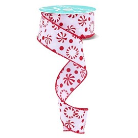 Peppermints and Christmas Candy Wired Ribbon for Crafts, Wreaths, Bows, Floral Arrangements, Gift Wrap (White, Red - Red Drift Edge, 1.5" x 10 Yards)