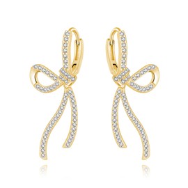 SLUYNZ Sterling Silver CZ Bow Hoop Earrings for Women Teen Girls Rhinestone Bow Hoop Earrings Huggie (B-Gold)