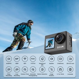 SJCAM Upgraded SJ4000 Action Kamera 4K Ultra HD Dual Screen Unterwasserkamera 98FT Wasserdicht, 170° Weitwinkel, Stabilisierung, WiFi Kamera mit extra Akku, SD Karte, Helm Zubehör Kit