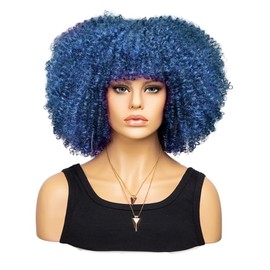JORCEDI Fashion Afro Curly Wig Synthetic Short Full Wig Women Wig For Party Cosplay Daily Use (Dark Blue)