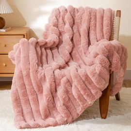 BEDELITE Faux Fur Throw Blanket for Couch, Soft and Cozy Luxurious 3D Striped Fluffy Blanket, 770GSM Thick Warm Plush Fuzzy Faux Rabbit Fur Blanket for Fall and Winter (Pink, 50"x 60")