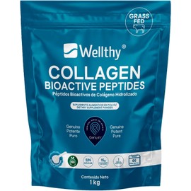 Wellthy Colageno Hidrolizado Puro 1kg. Péptidos de Colágeno Bioactivos Genu-In®, 66 Porciones por Envase, 1 Solo Ingrediente, SIN Azúcar, Scoop Incluído, Bottle Free.