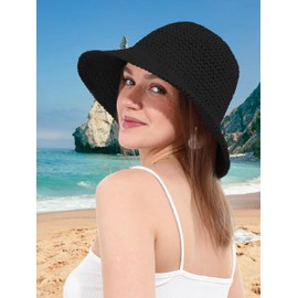 soul young Womens Straw Sun Hat Wide Brim Hand Woven Foldable Beach Bucket Hat for Summer Travel UV Protection UPF 50+(One Size,Black)