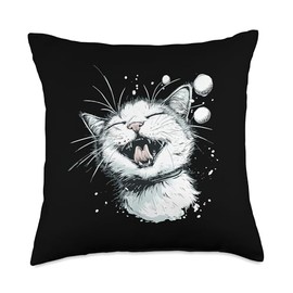 Funny laughing cat face with snow and snowballs outfit Throw Pillow
