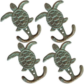 Neletao Cast Iron Hooks Cast Iron Sea Turtle Double Hook Bronze with Green Verdigris Patina Great Gift 3.5" W X 4.5" H (Turtle Hook, 4)