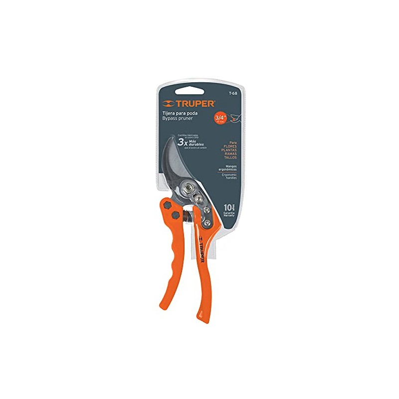 Truper T-68, Tijera para poda 8", acero/nylon, cuchilla de paso