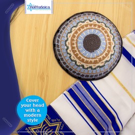 HolYudaica Hand Made 100% Cotton DMC Hand Knitted Kippah Hat Designed in Israel, Yamaka Jewish Hats for Men, Yarmulke Hat (Blue Grey, 19cm-7.5inch-Flat)